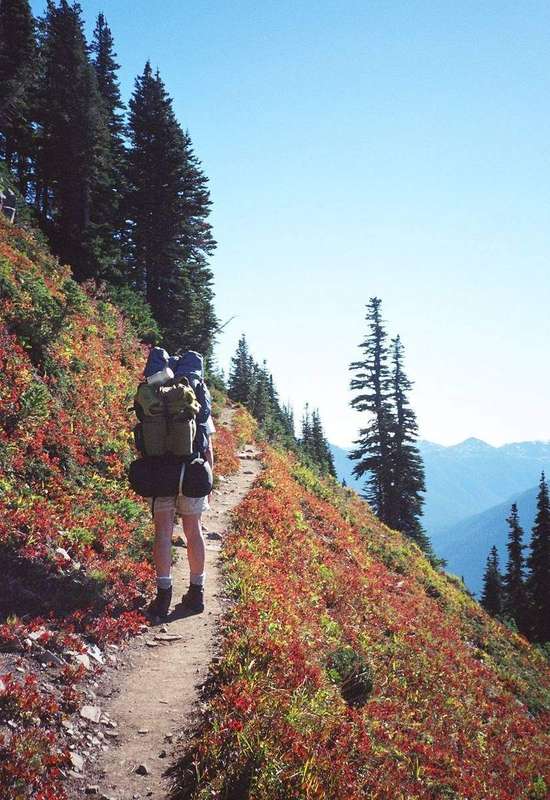 A hiker with a backpack on a mountain trail
