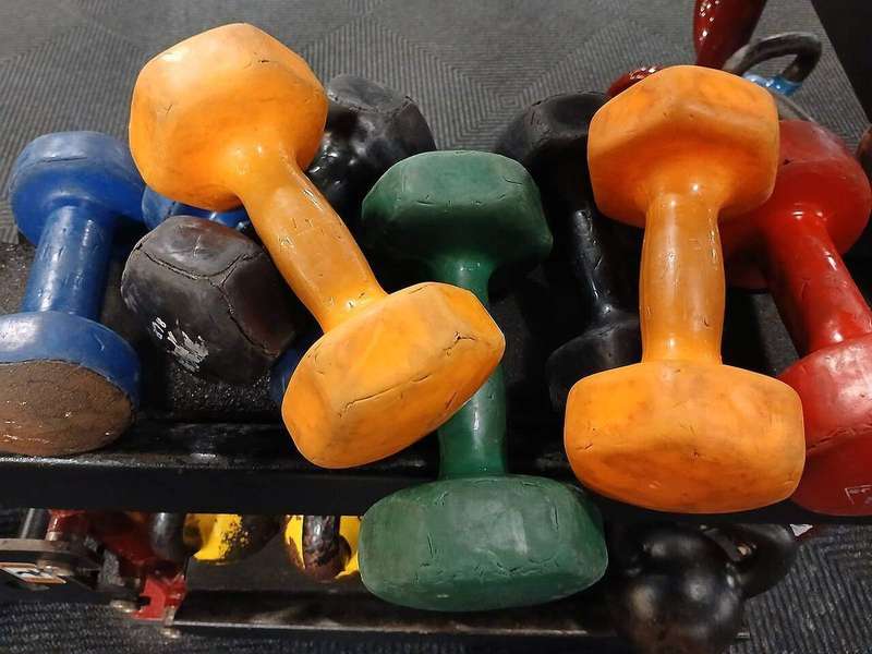 A colorful pile of dumbbells at the gym