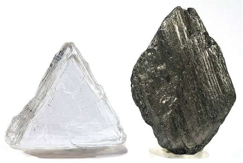A diamond and a piece of graphite side by side