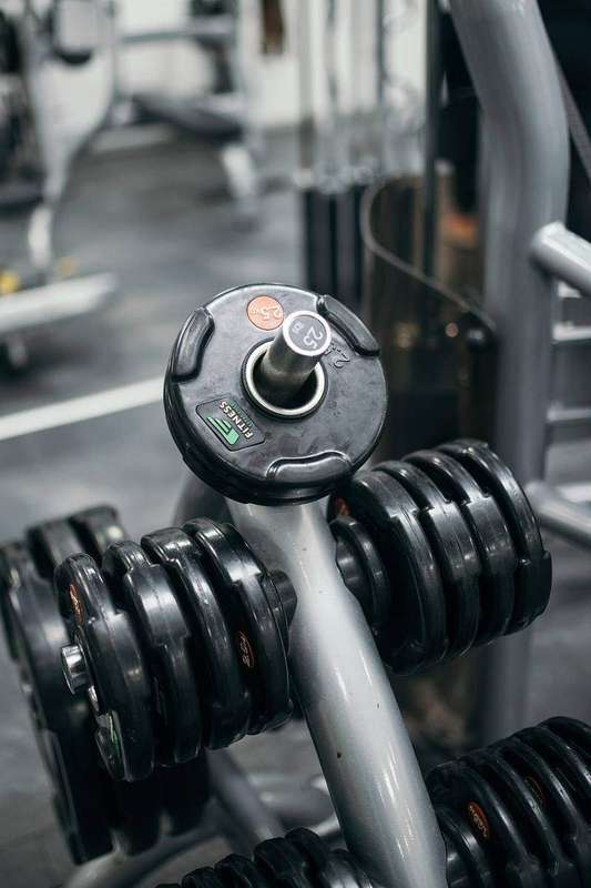 A rack of dumbbells in a gym