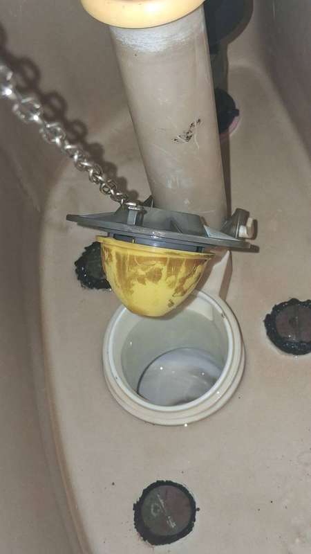 A worn toilet flapper with its rubber seal deteriorated and leaking