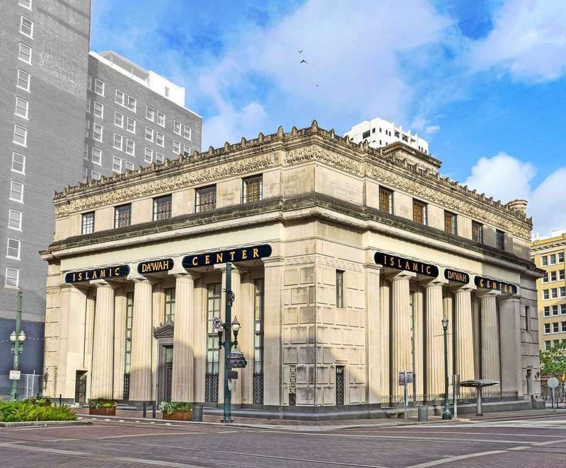 The columned facade of a historic bank building