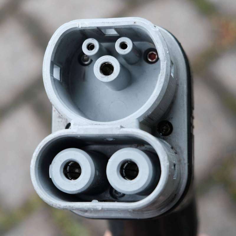 Close-up of a CCS Combo 2 fast-charging plug