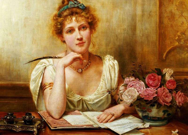 A 19th-century painting of a person penning a letter at a desk