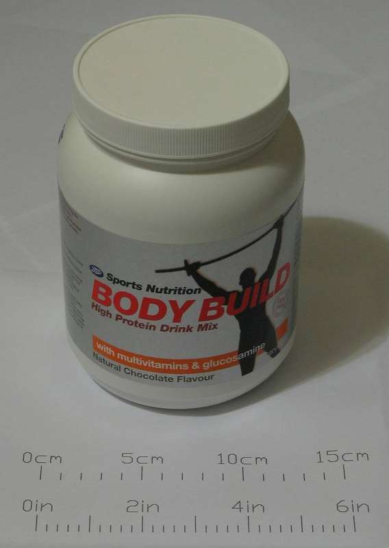 A packaged high-protein drink mix on a shelf