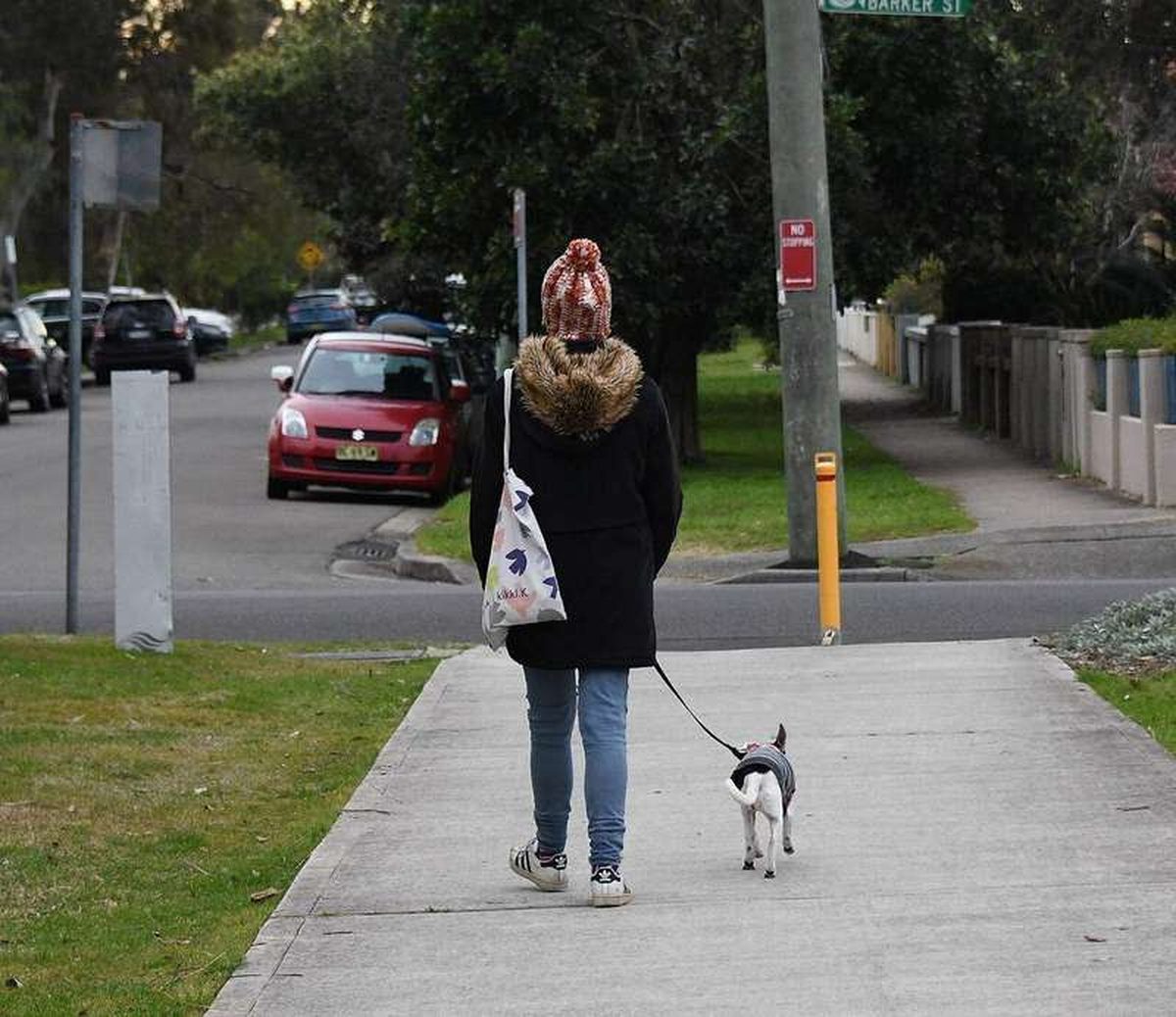 A girl walking a dog on a leash