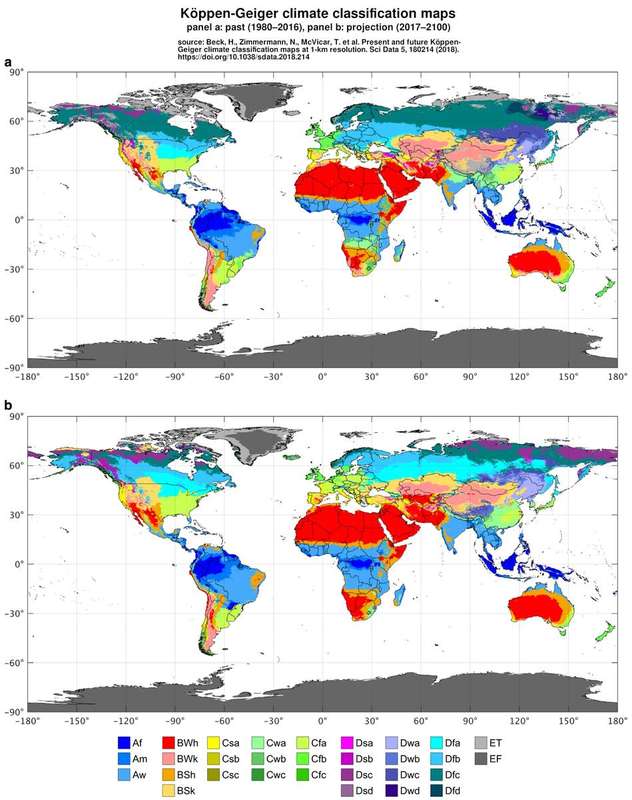 Present and projected Köppen-Geiger climate zone maps of the world