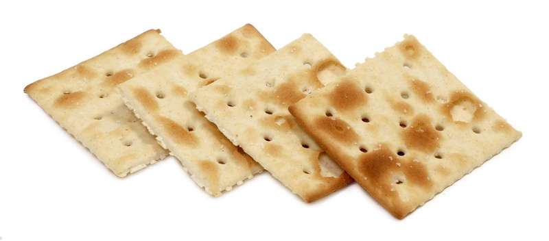 A row of saltine crackers on a white plate
