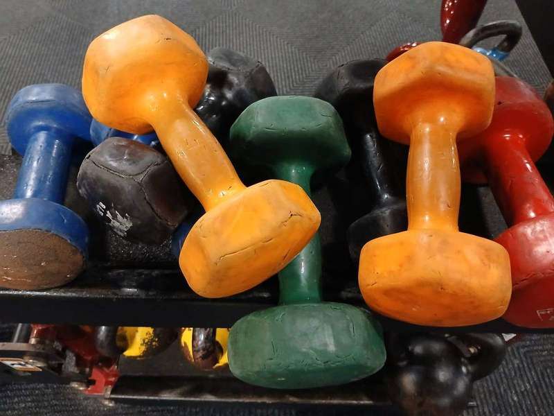 A rack of colorful dumbbells in a gym