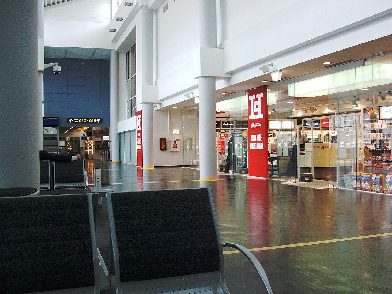 Shelves of alcohol and gifts in a duty-free shop at Vilnius airport