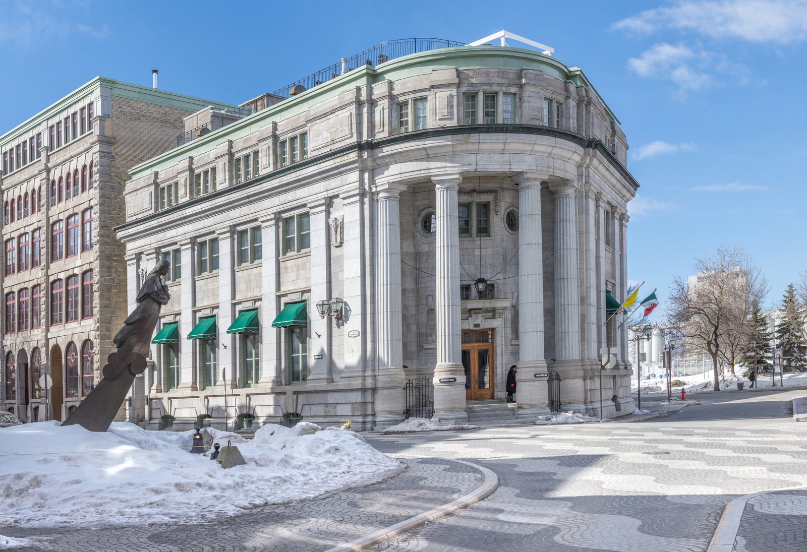A neoclassical bank building in Quebec City in winter
