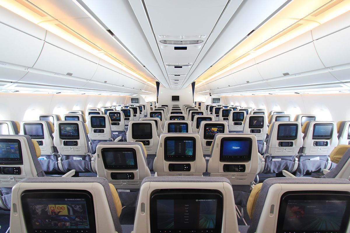 Economy cabin in a 3-3-3 seat configuration