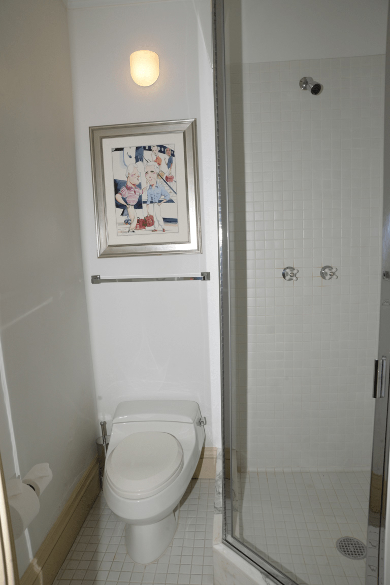 Compact bathroom with tiled walls and a shower