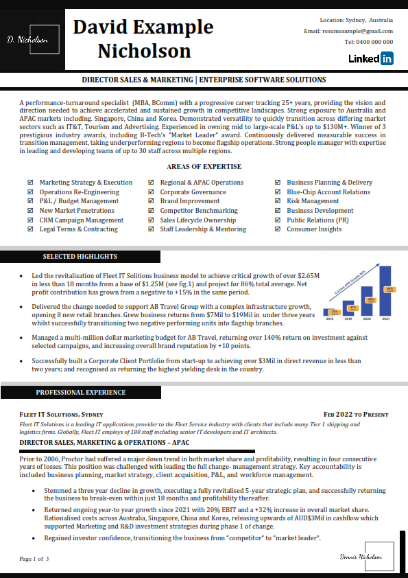 Sample three-page director-level resume showing achievement-focused formatting