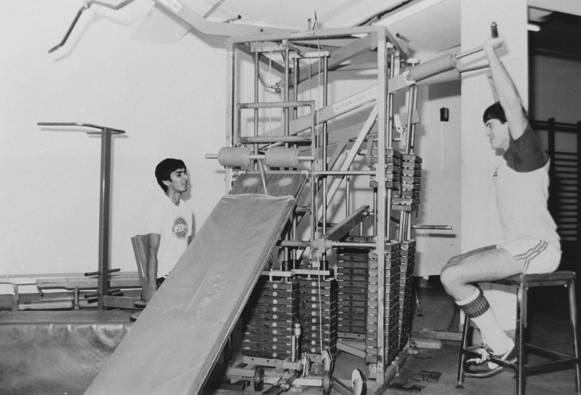 Weight training in the gym at the London School of Economics, circa 1981