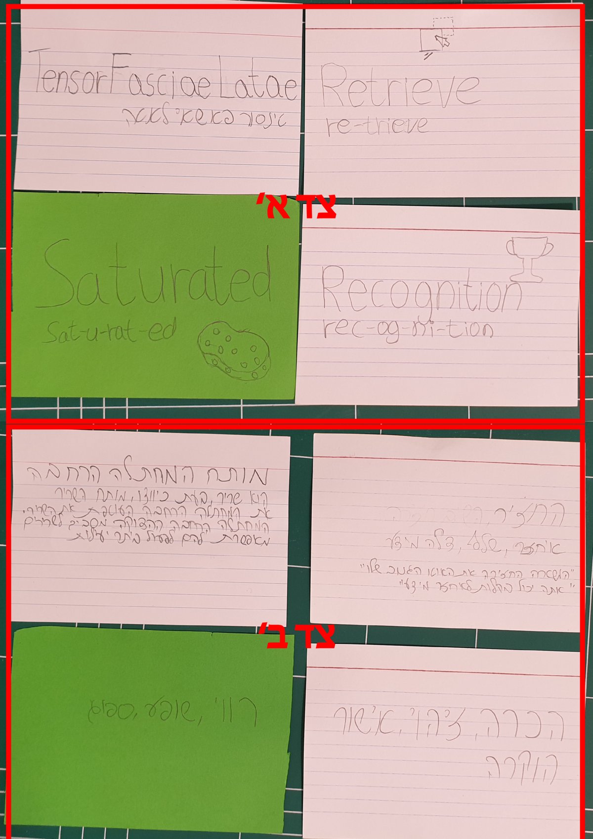 Handwritten vocabulary flashcards with syllable breaks and doodles