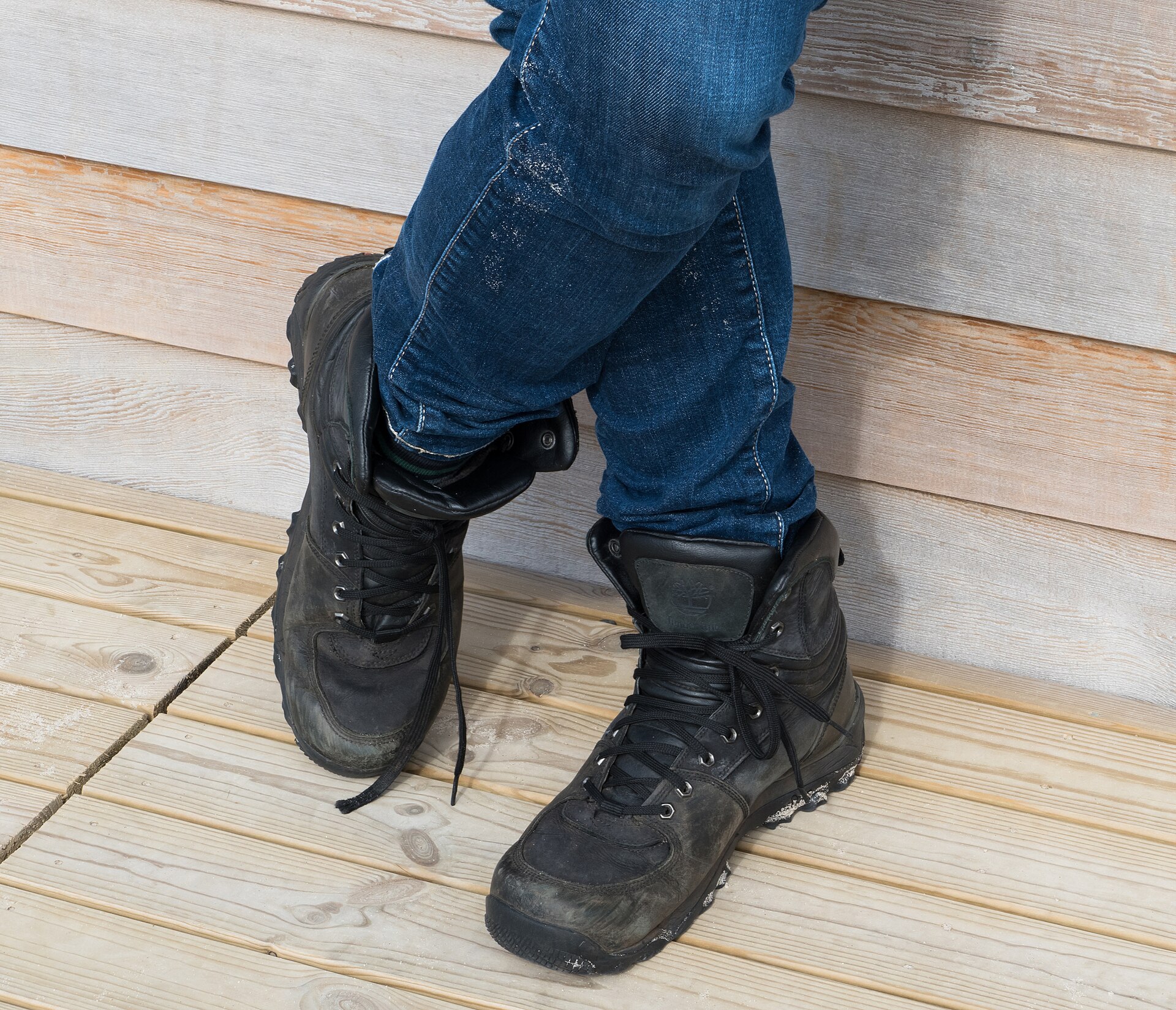 Close view of a leather hiking boot