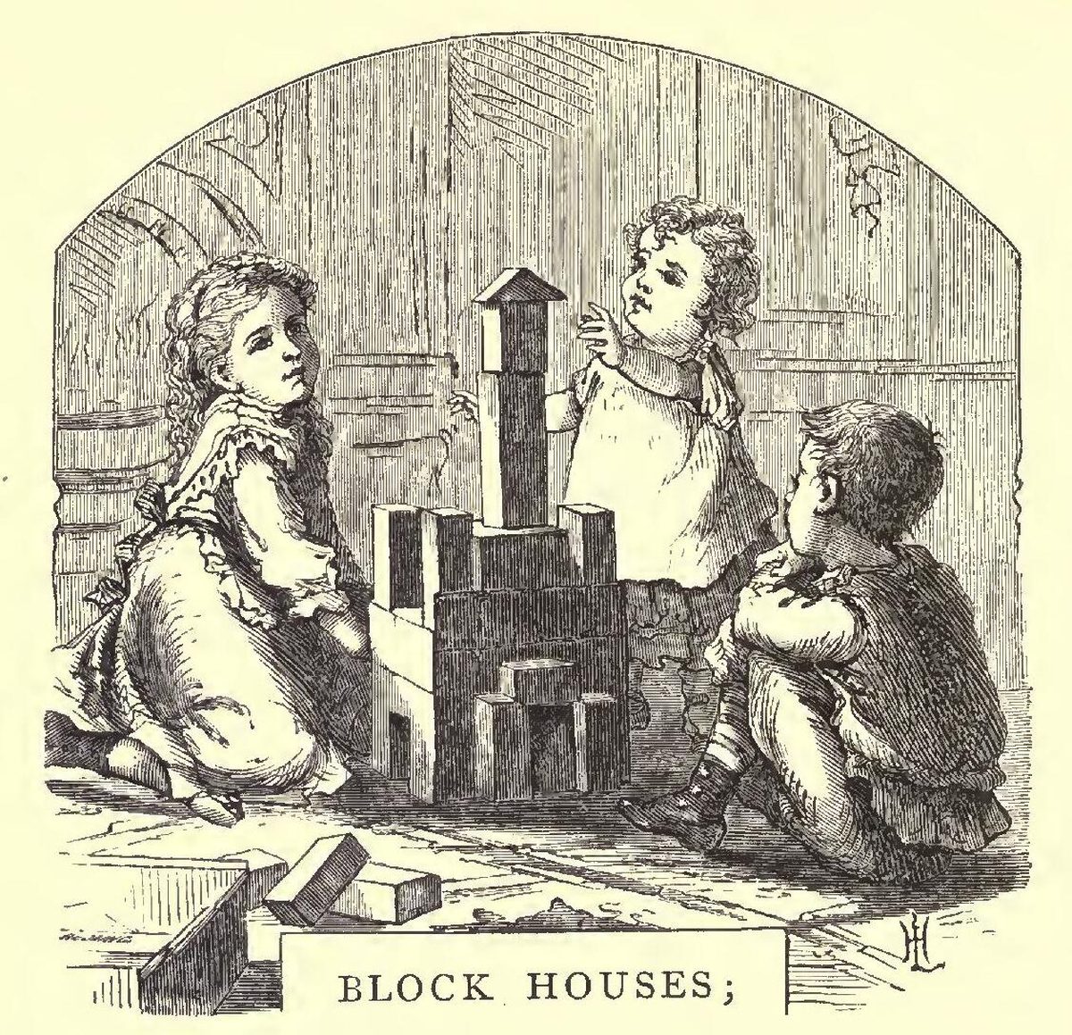 An 1873 illustration of children building with blocks side by side