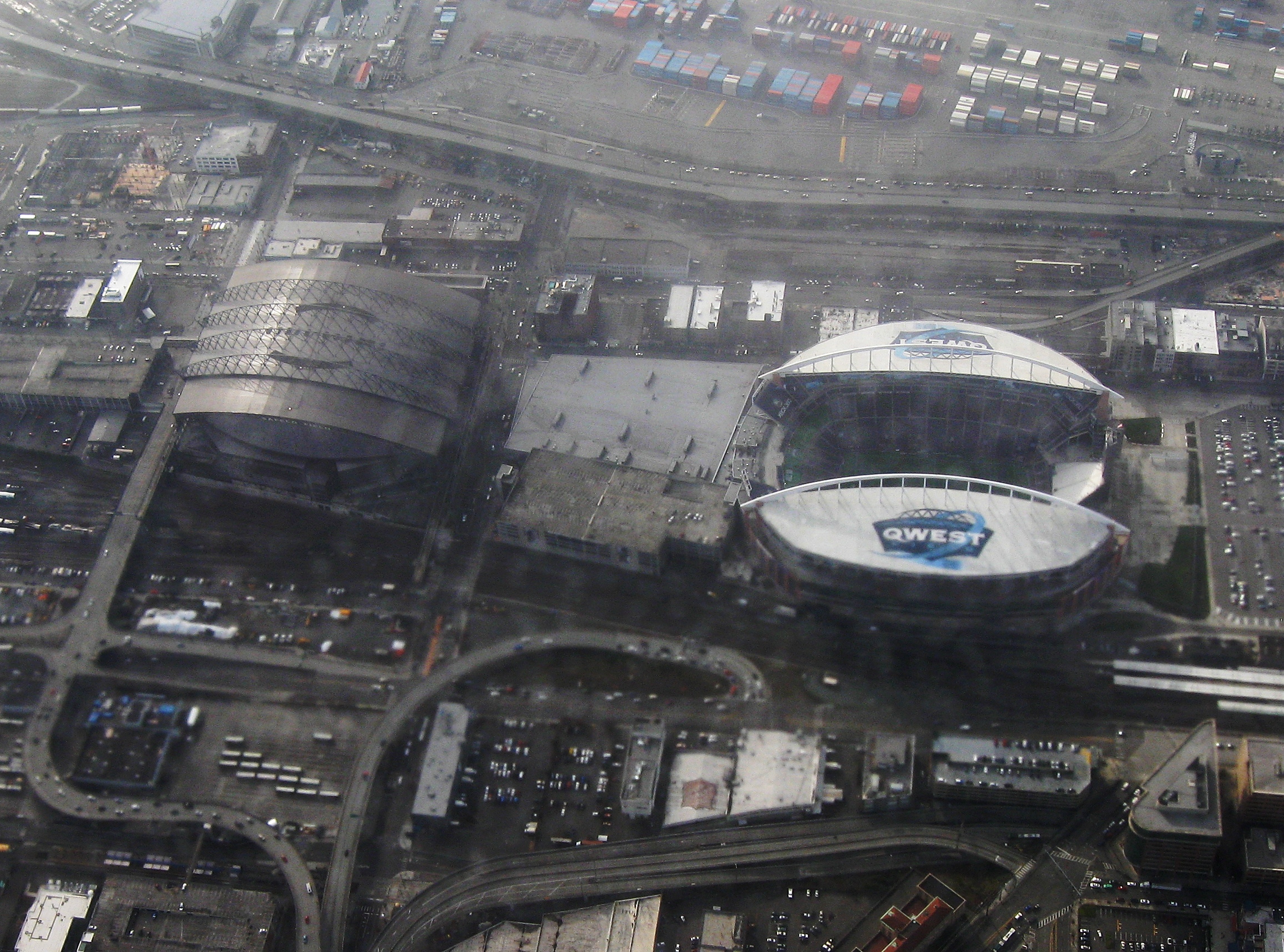 Aerial view of the Seattle stadium district, home of the Seahawks, where Sunday's game was played