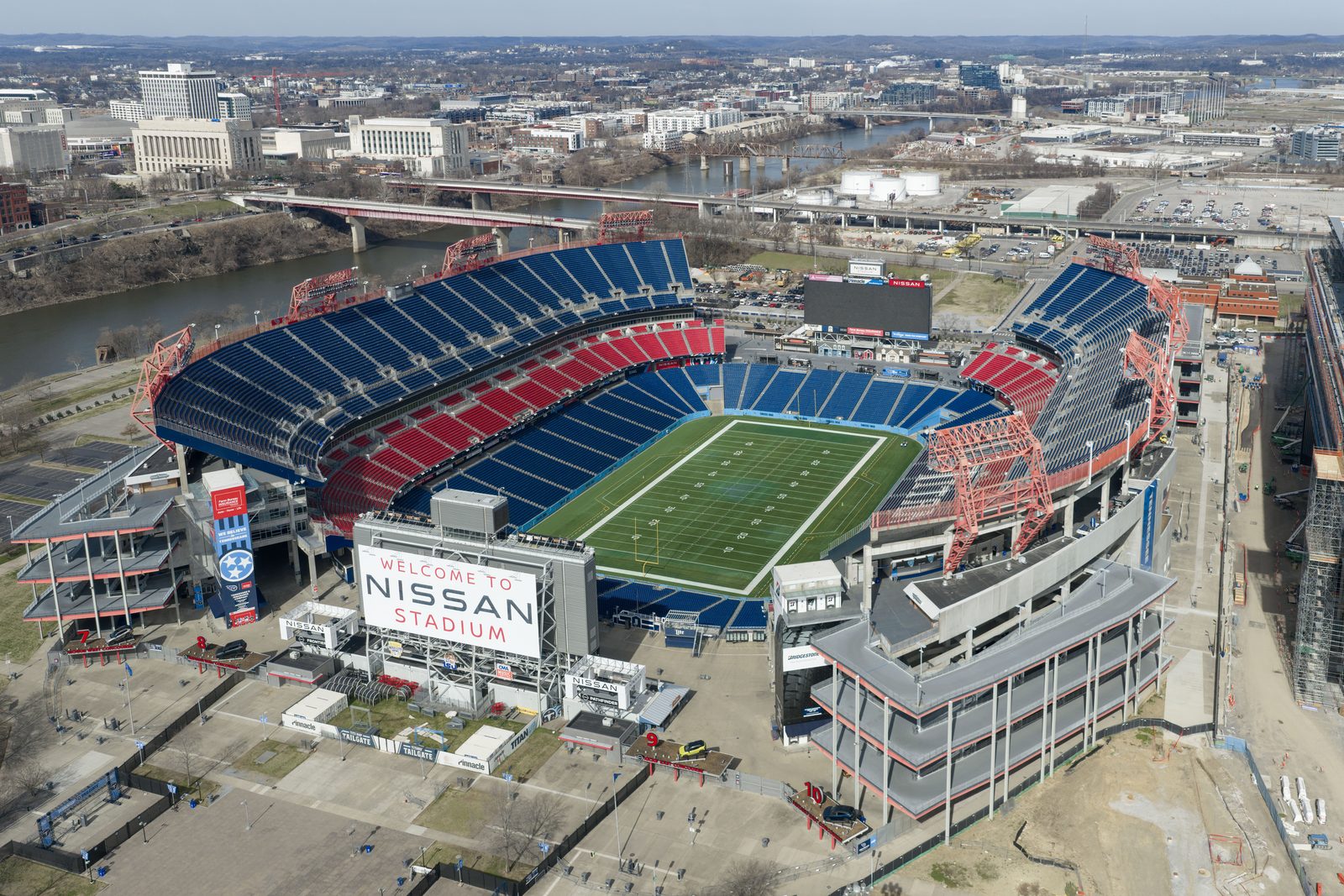 An NFL stadium seen from above on game day
