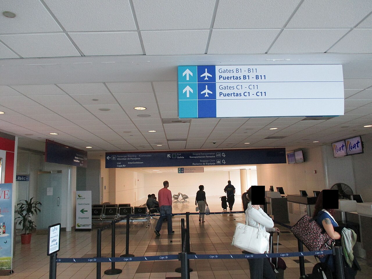 An airport check-in area with passengers queuing at counters