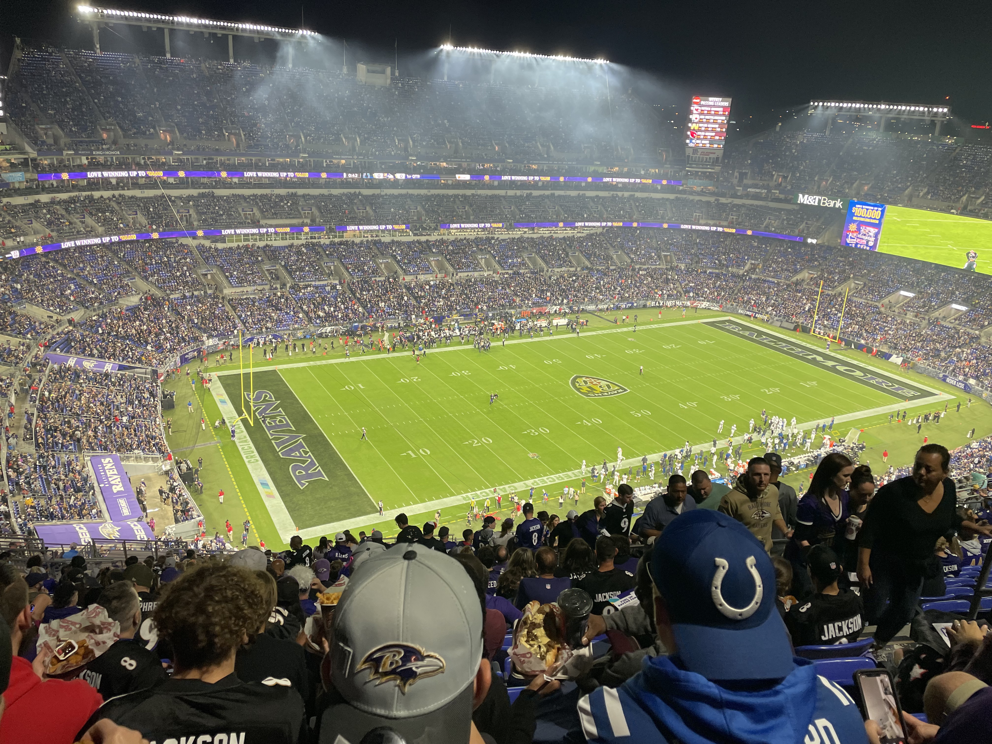 M&T Bank Stadium in Baltimore lit up at night