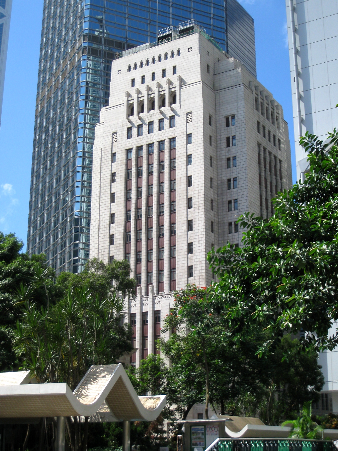 A bank tower seen from the street