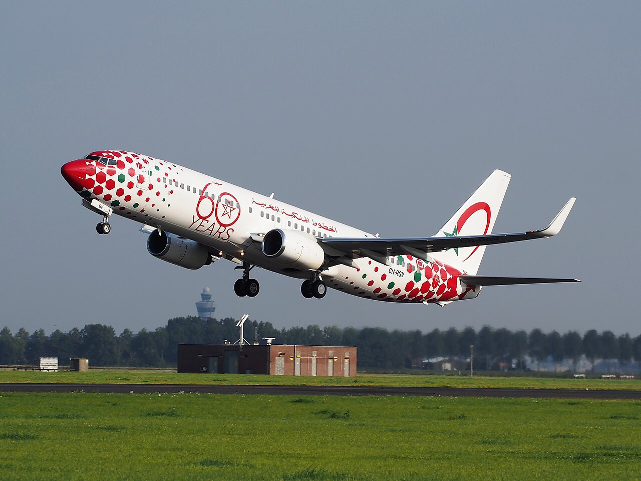 A Royal Air Maroc Boeing 737 taking off from a runway