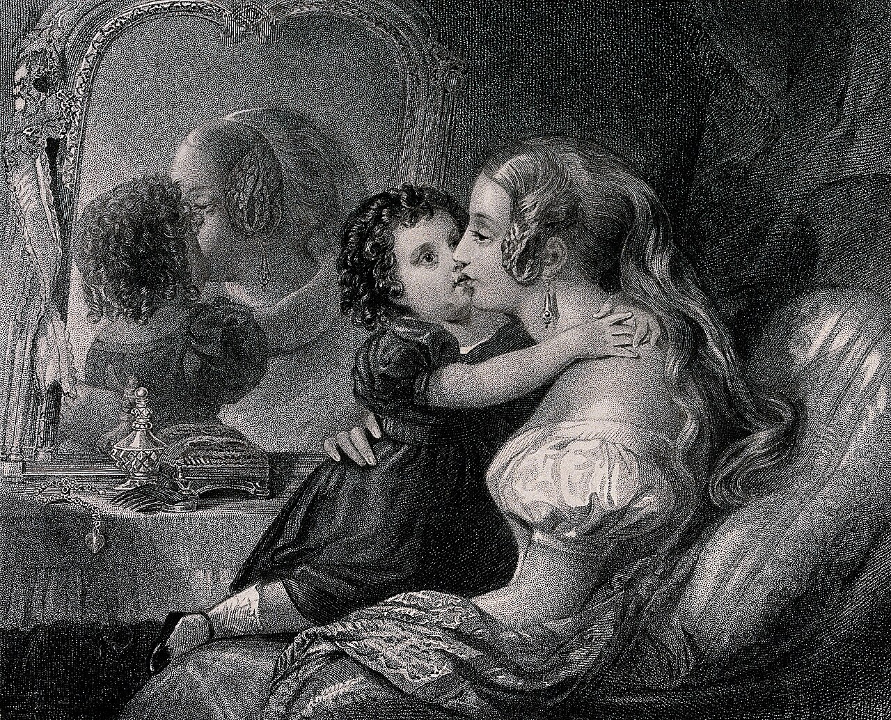 A 19th-century engraving of a mother comforting her child