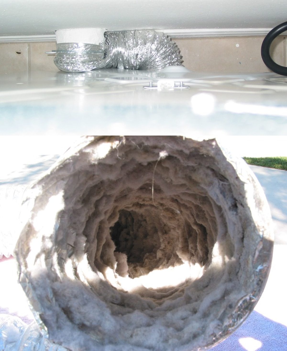 A severely kinked and blocked dryer vent hose