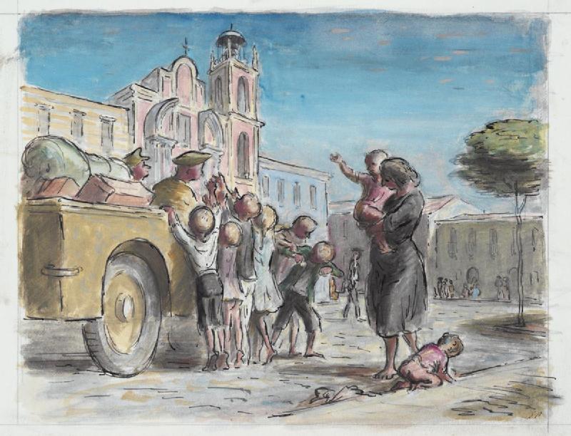 Children asking for biscuits in a wartime painting