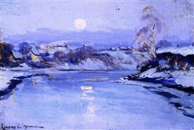 A painting of a moonrise over a landscape