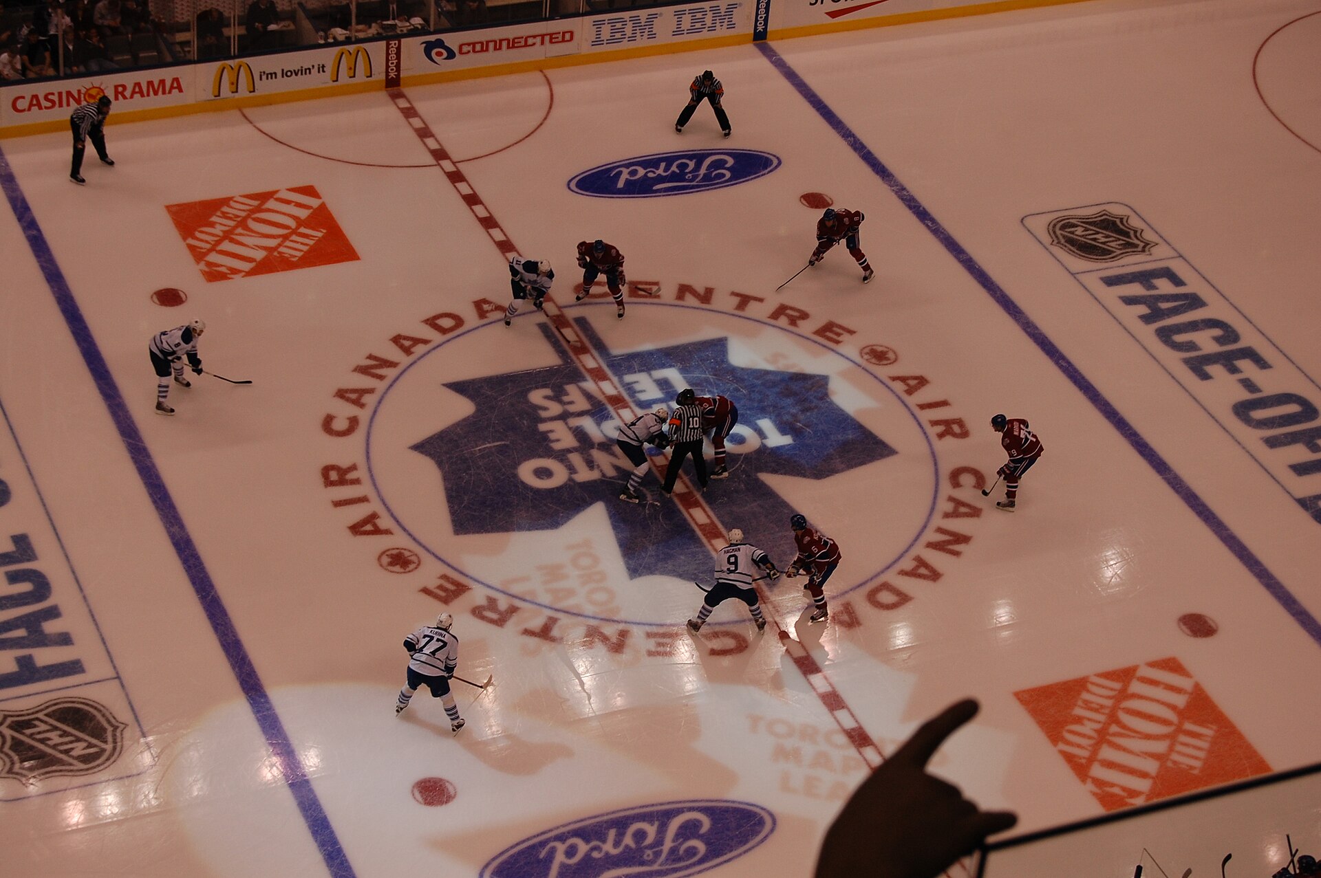Faceoff at center ice during an NHL game