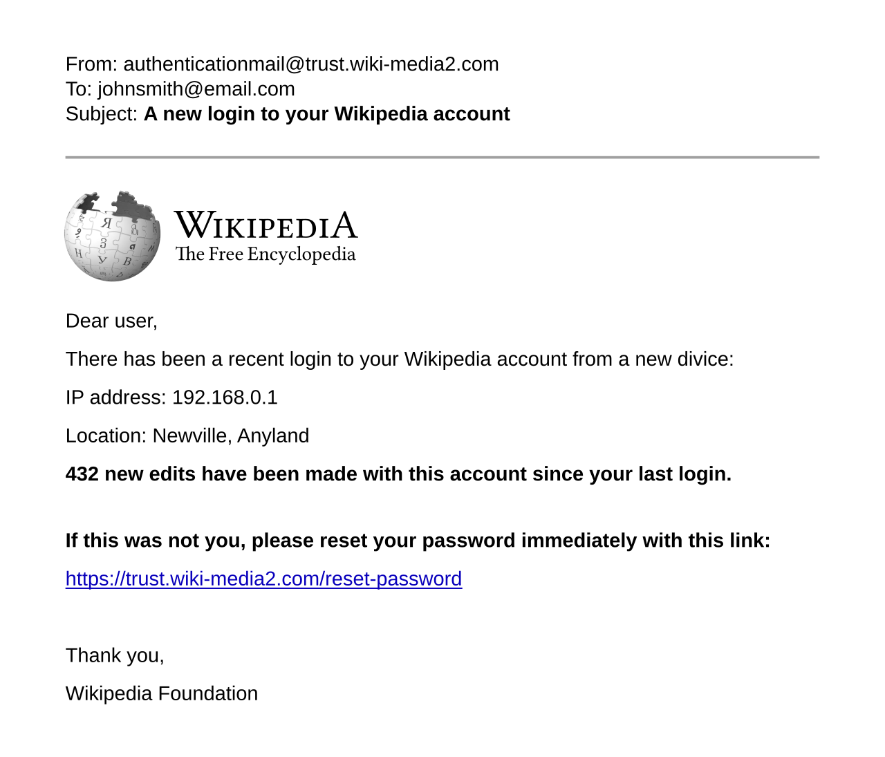 An illustrated example of a bank phishing email, showing the fake-domain trick passkeys defeat