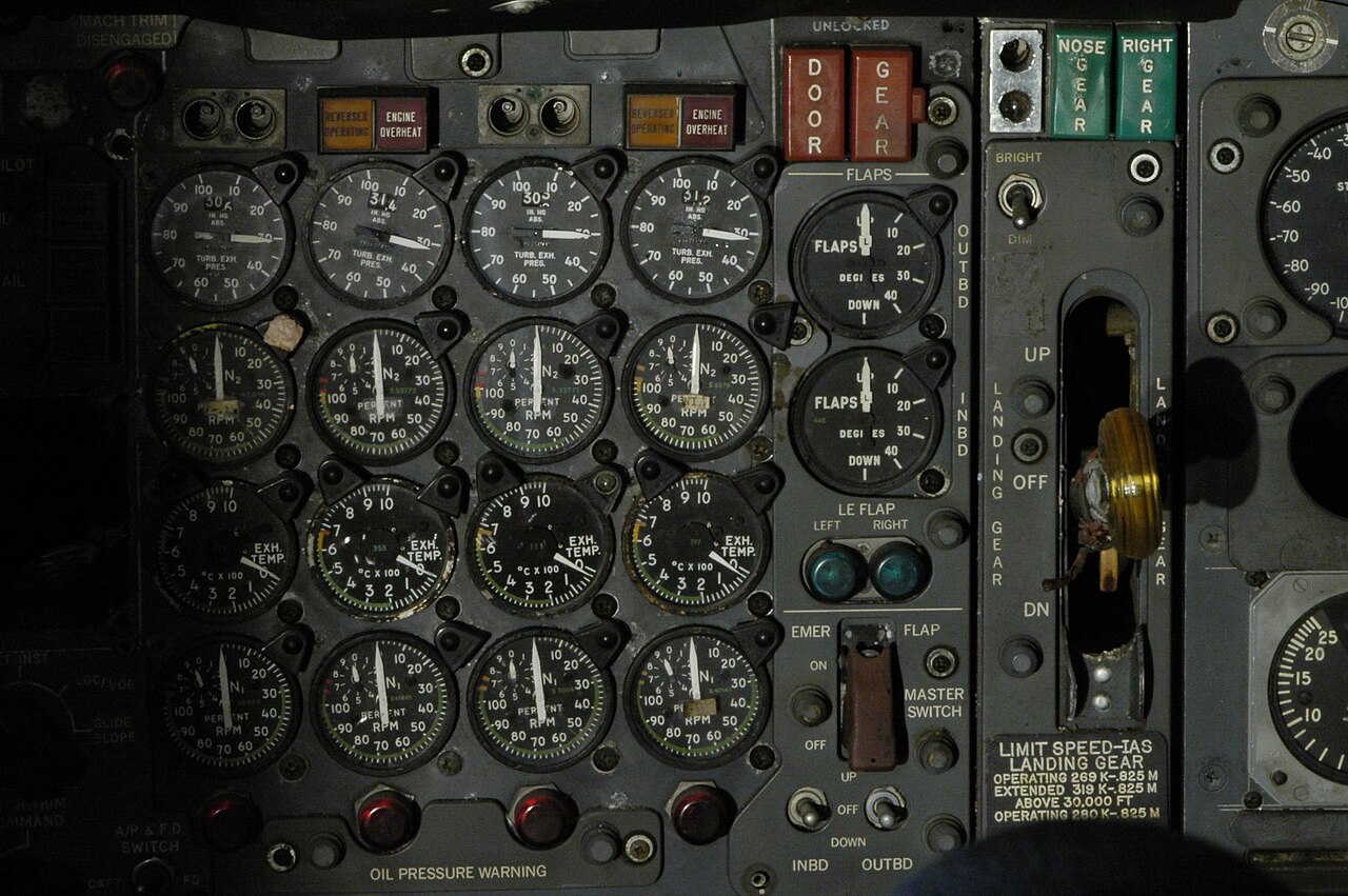 Flight deck instrument panels with engine and landing indicators
