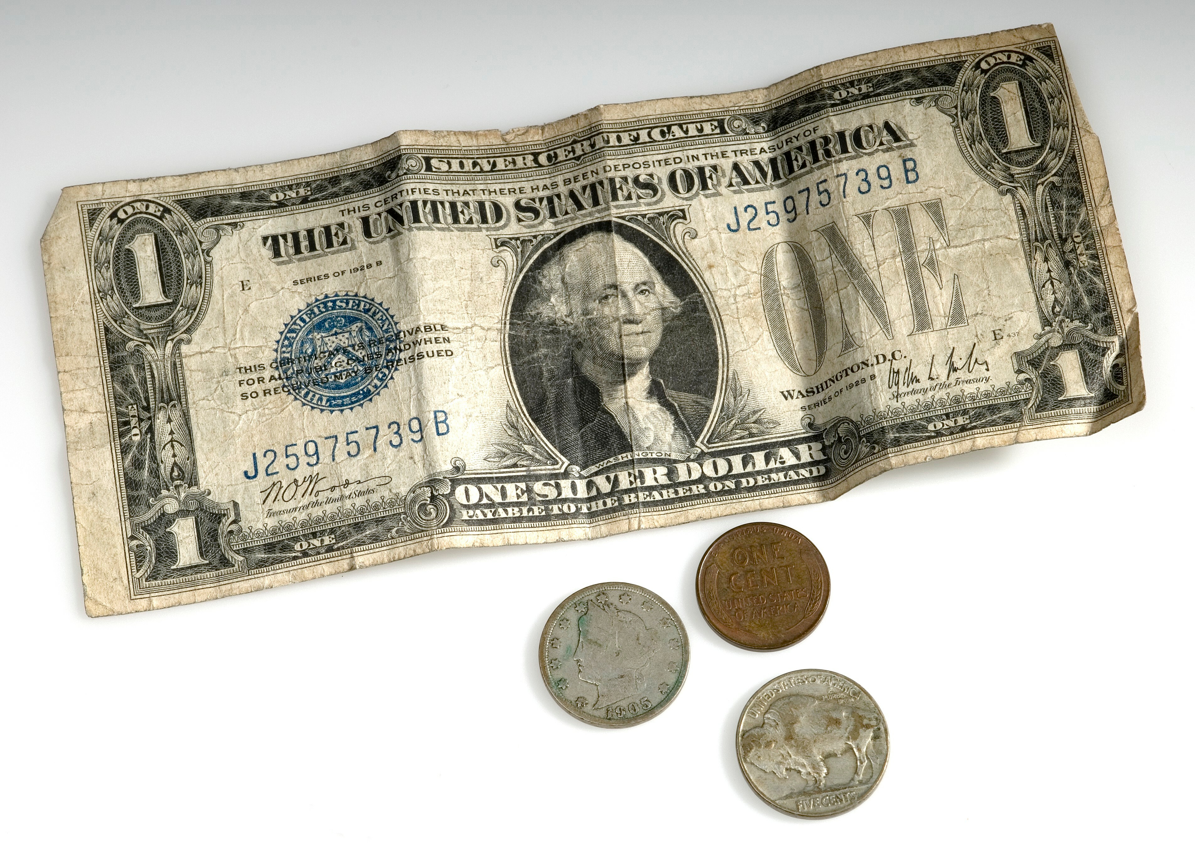 A US dollar bill and coins