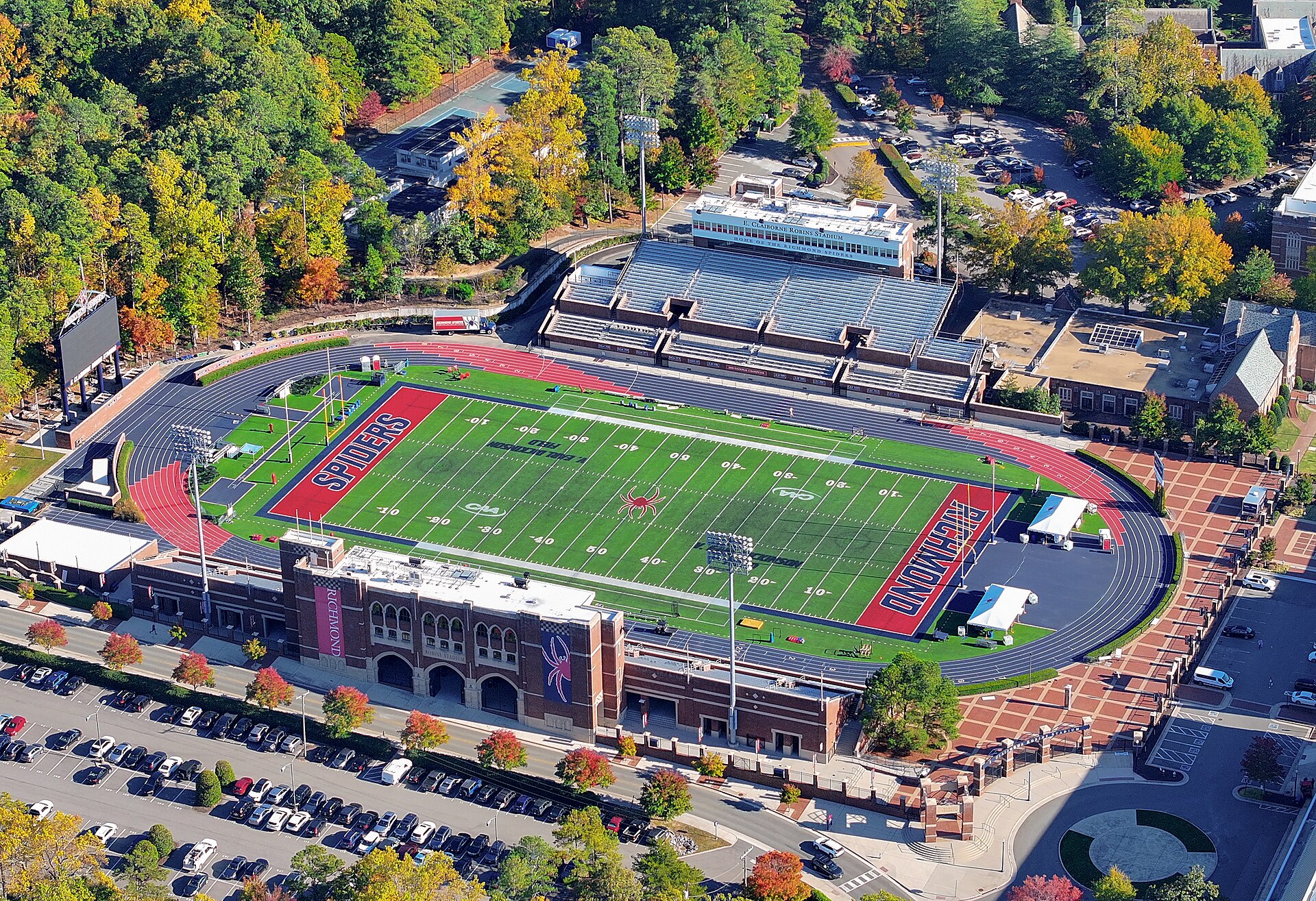 A college football stadium seen from above during a game