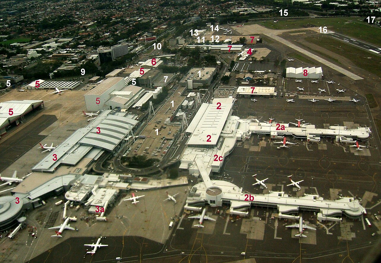Aerial view of Sydney Airport showing its runways and terminals