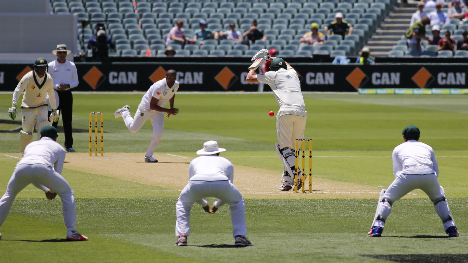 A batter plays a shot during a Test match