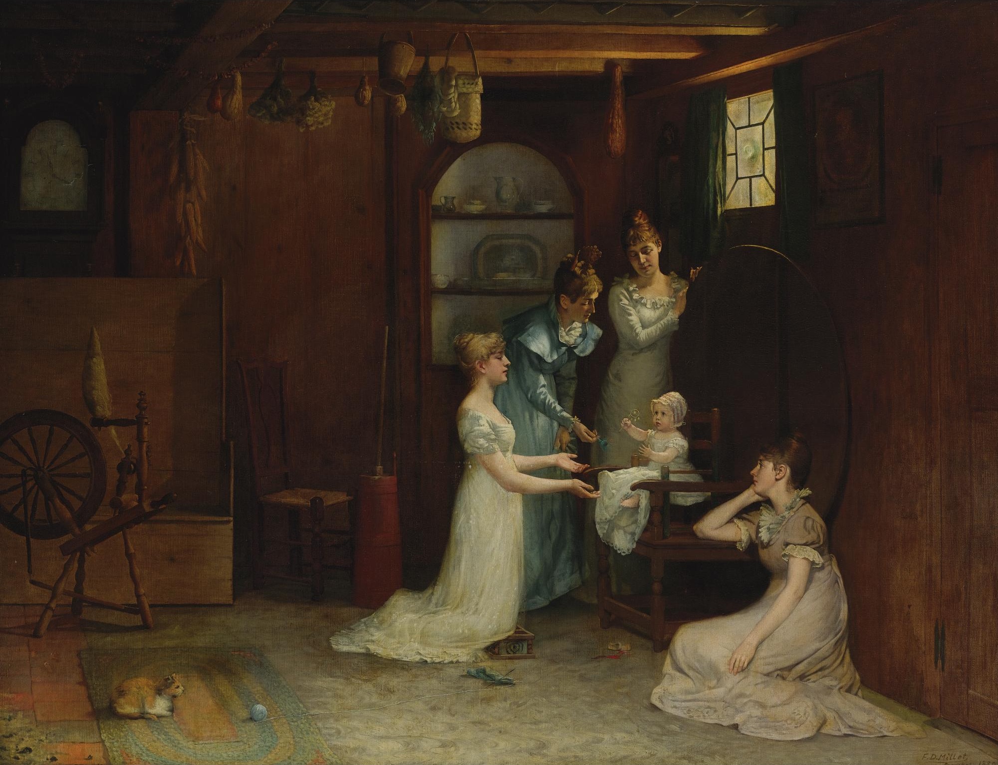 A 19th century painting of an adult playing with a baby