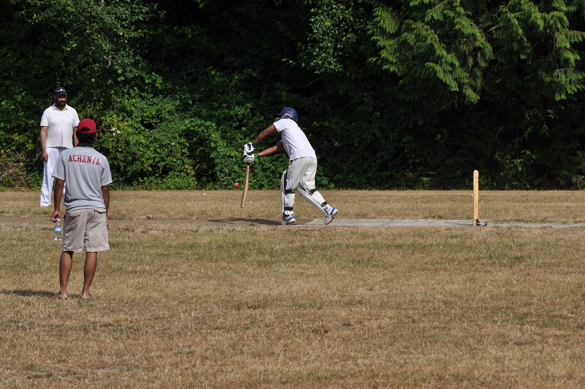 A batter takes guard during a cricket match