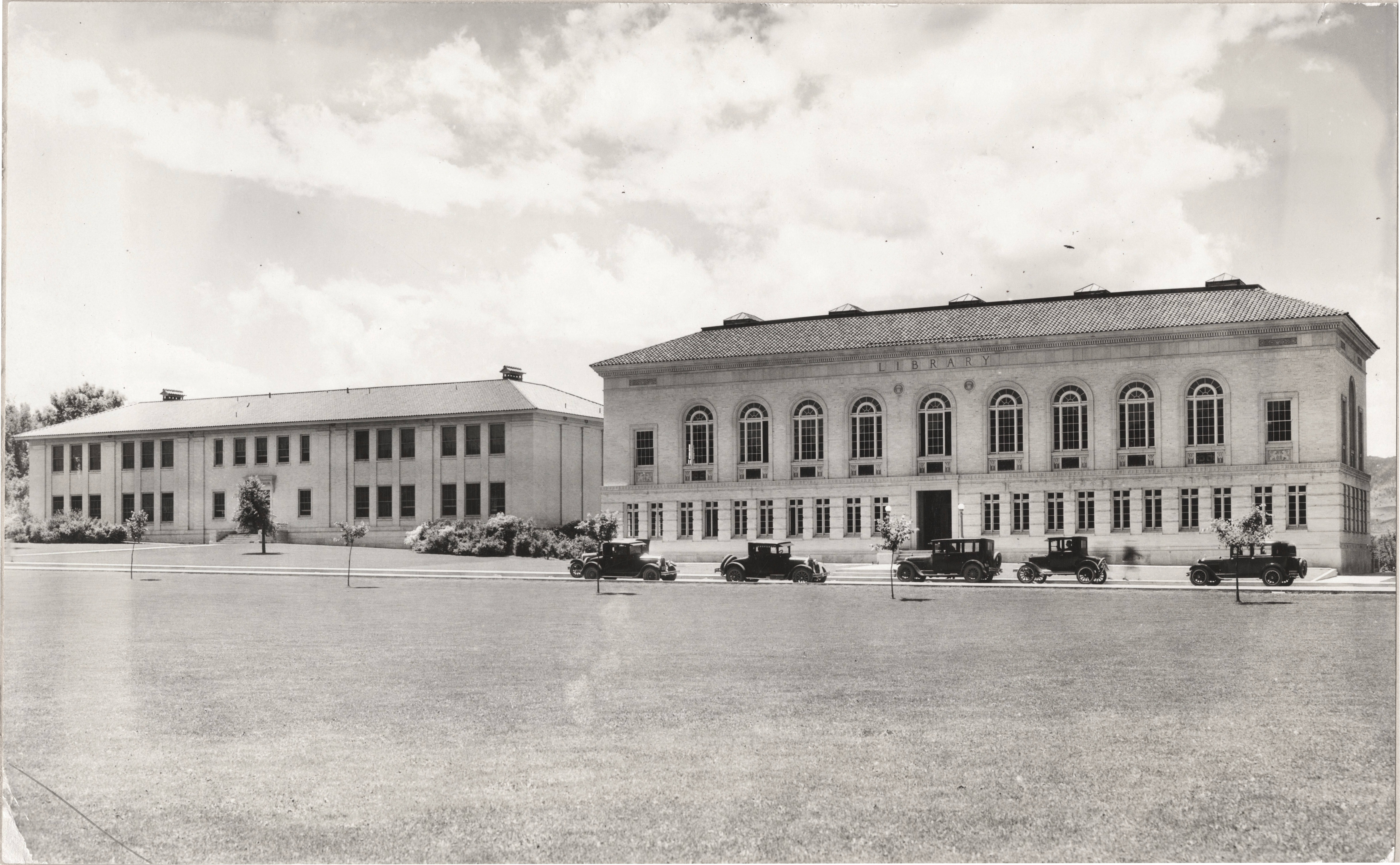 A historic photo of the Colorado State University chemistry and library buildings