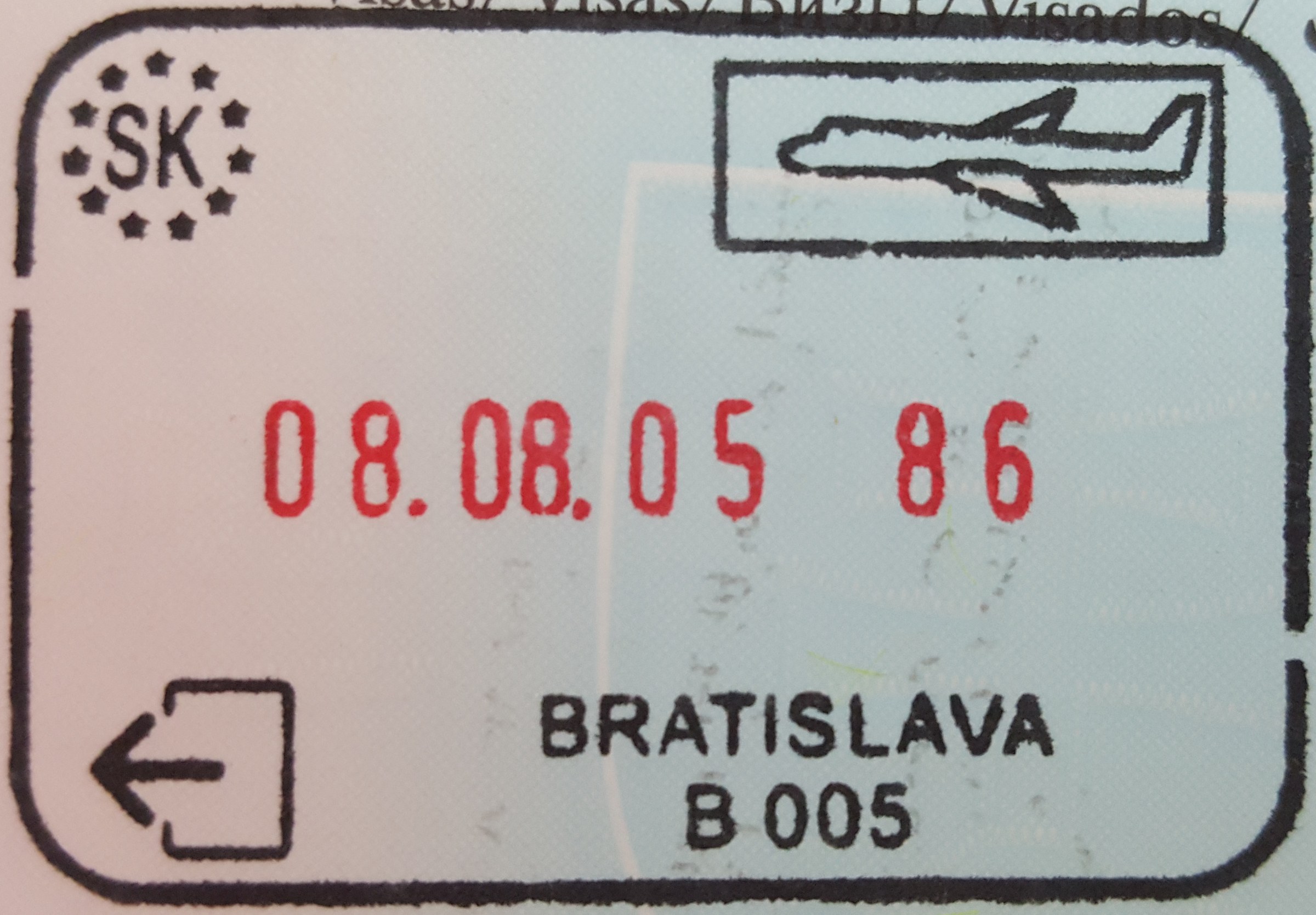 A passport control stamp from Bratislava airport