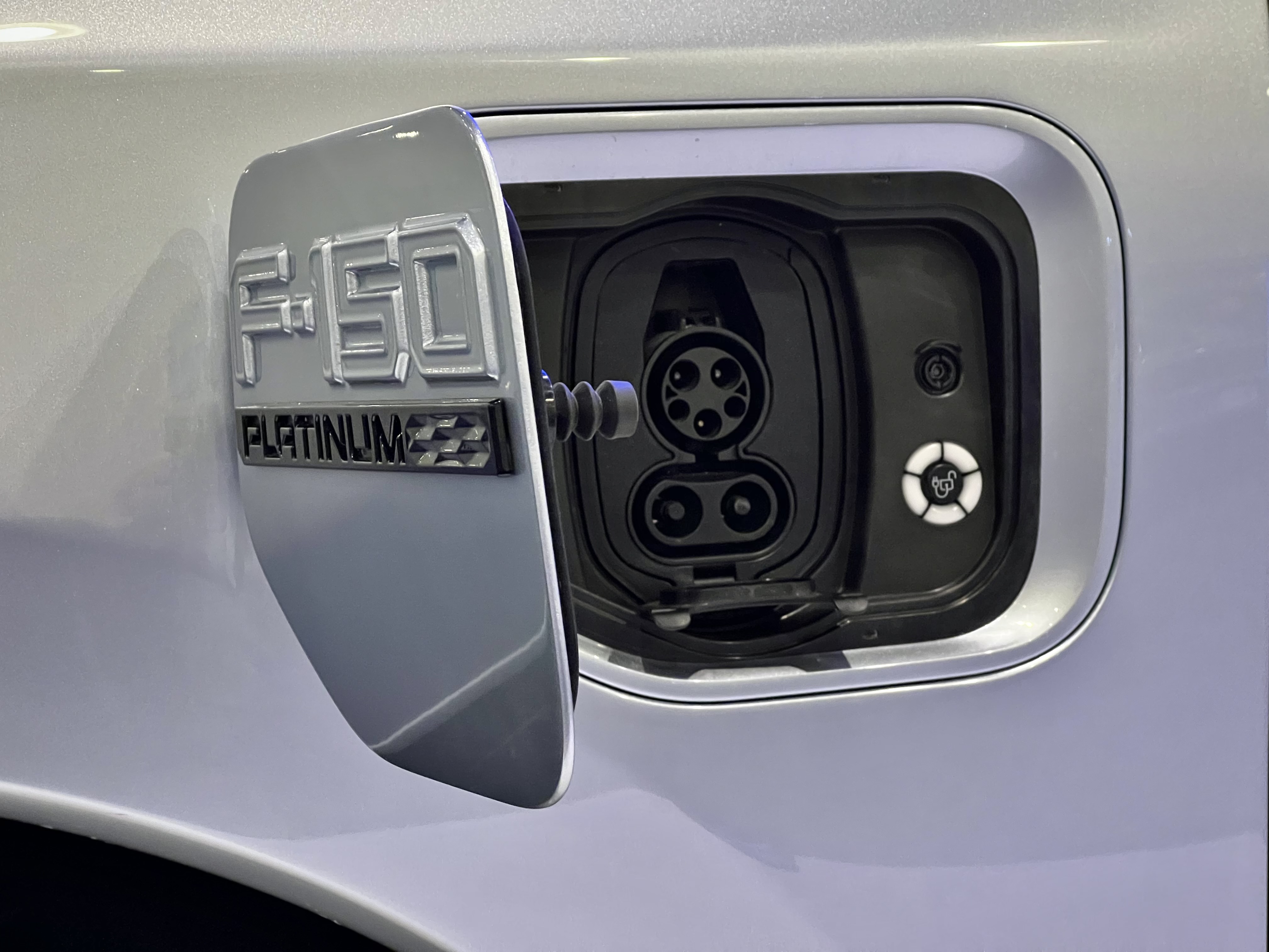 The charge port on a Ford F-150 Lightning