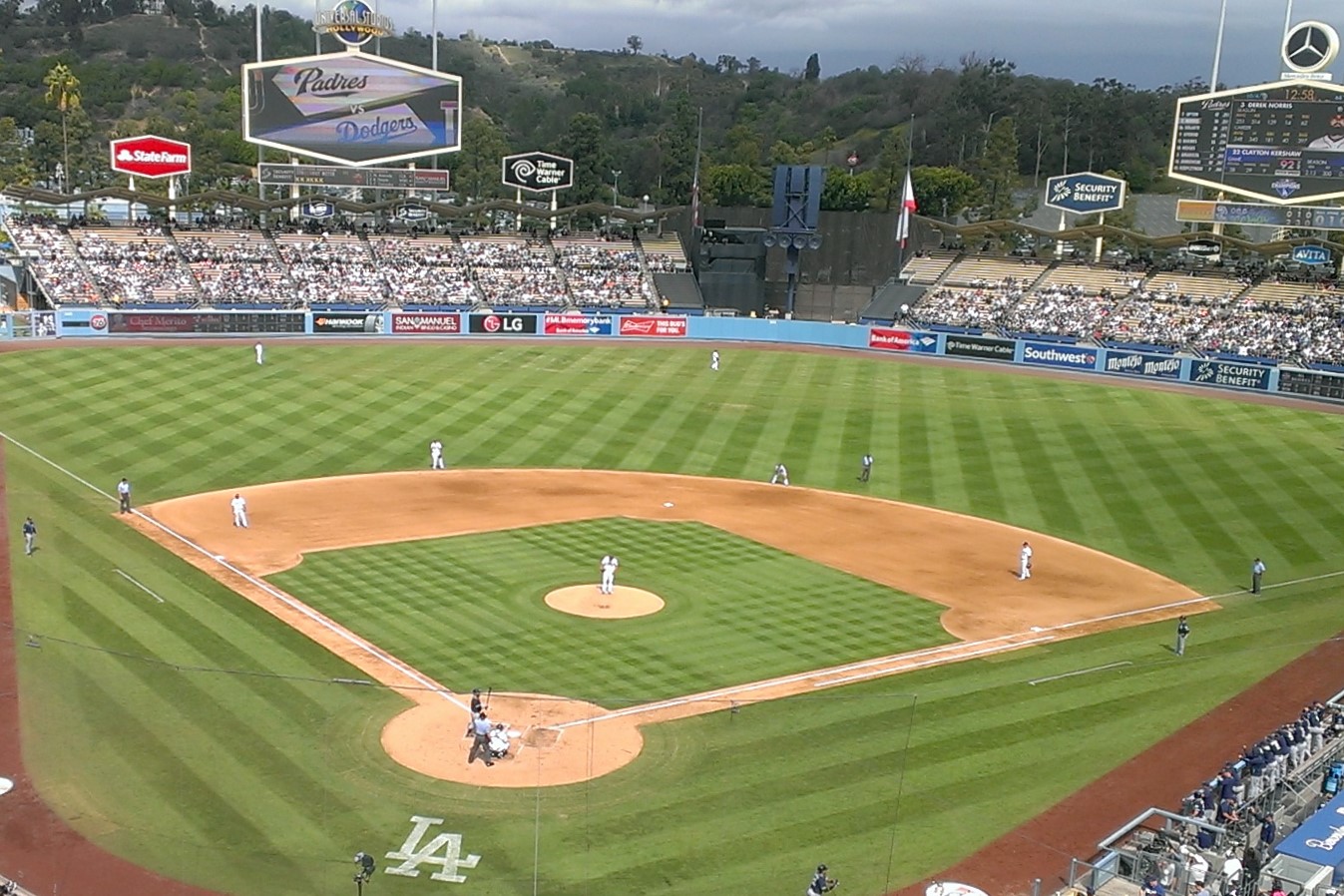 A view of a baseball field from the upper deck