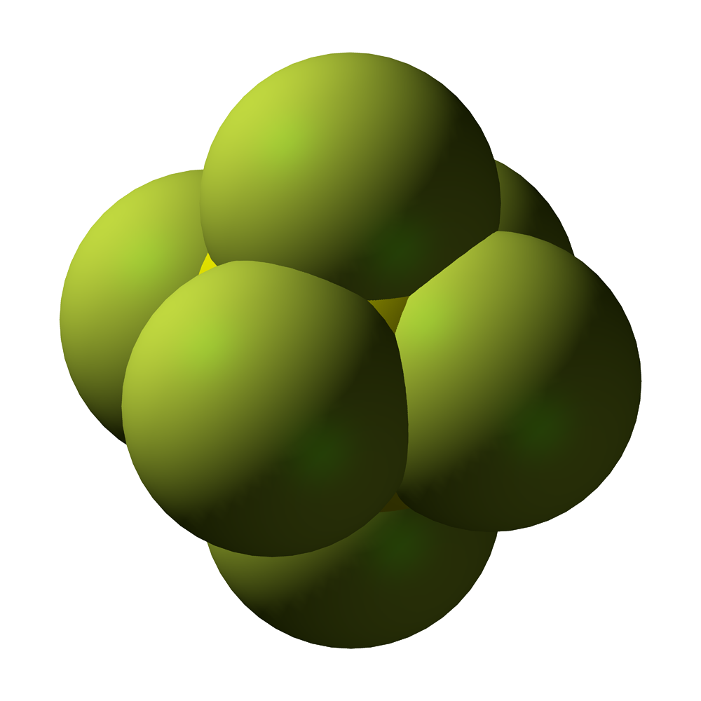 Three-dimensional ball-and-stick model of a sulfur hexafluoride molecule