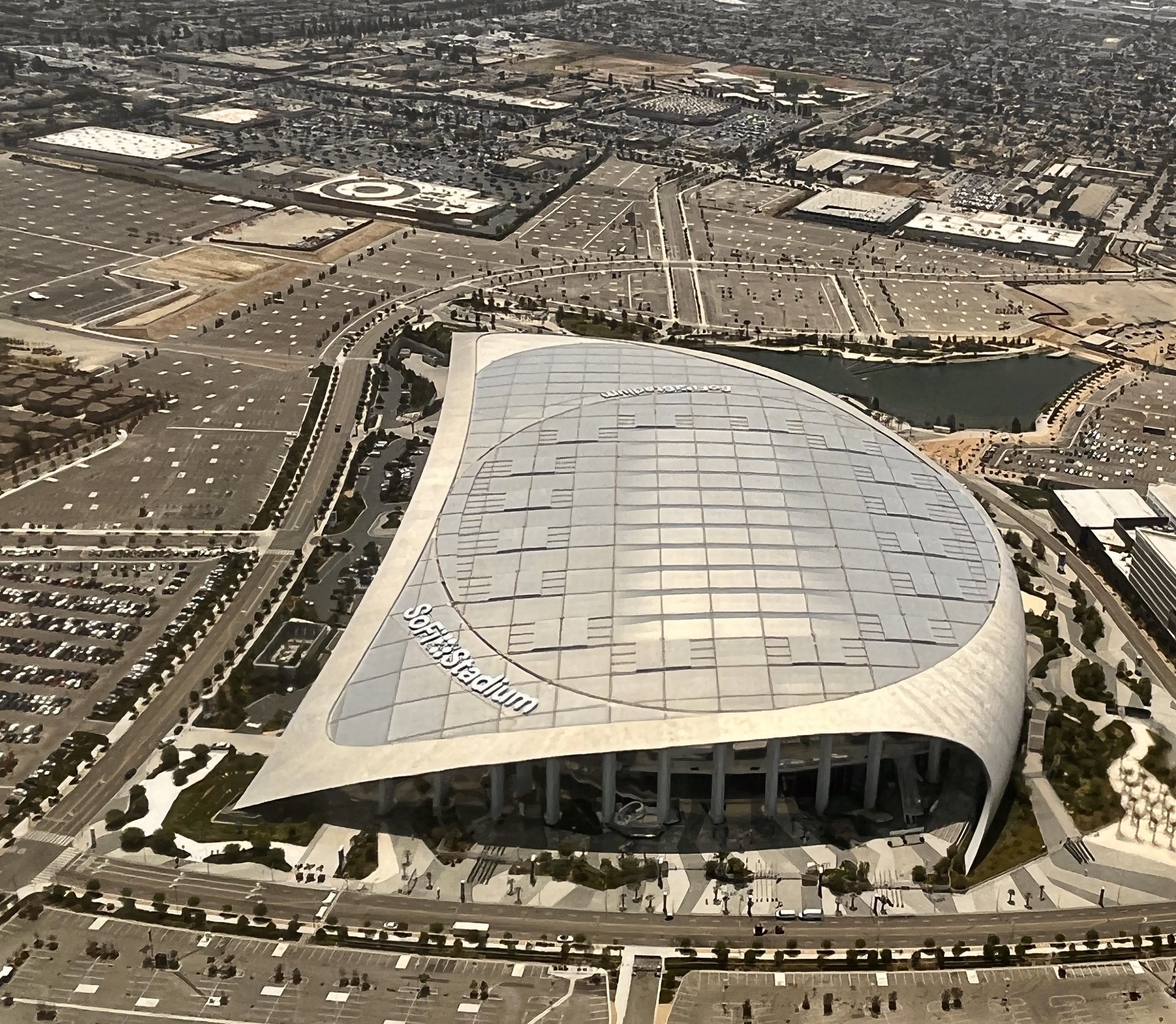 Aerial view of SoFi Stadium and the surrounding area in Inglewood, California
