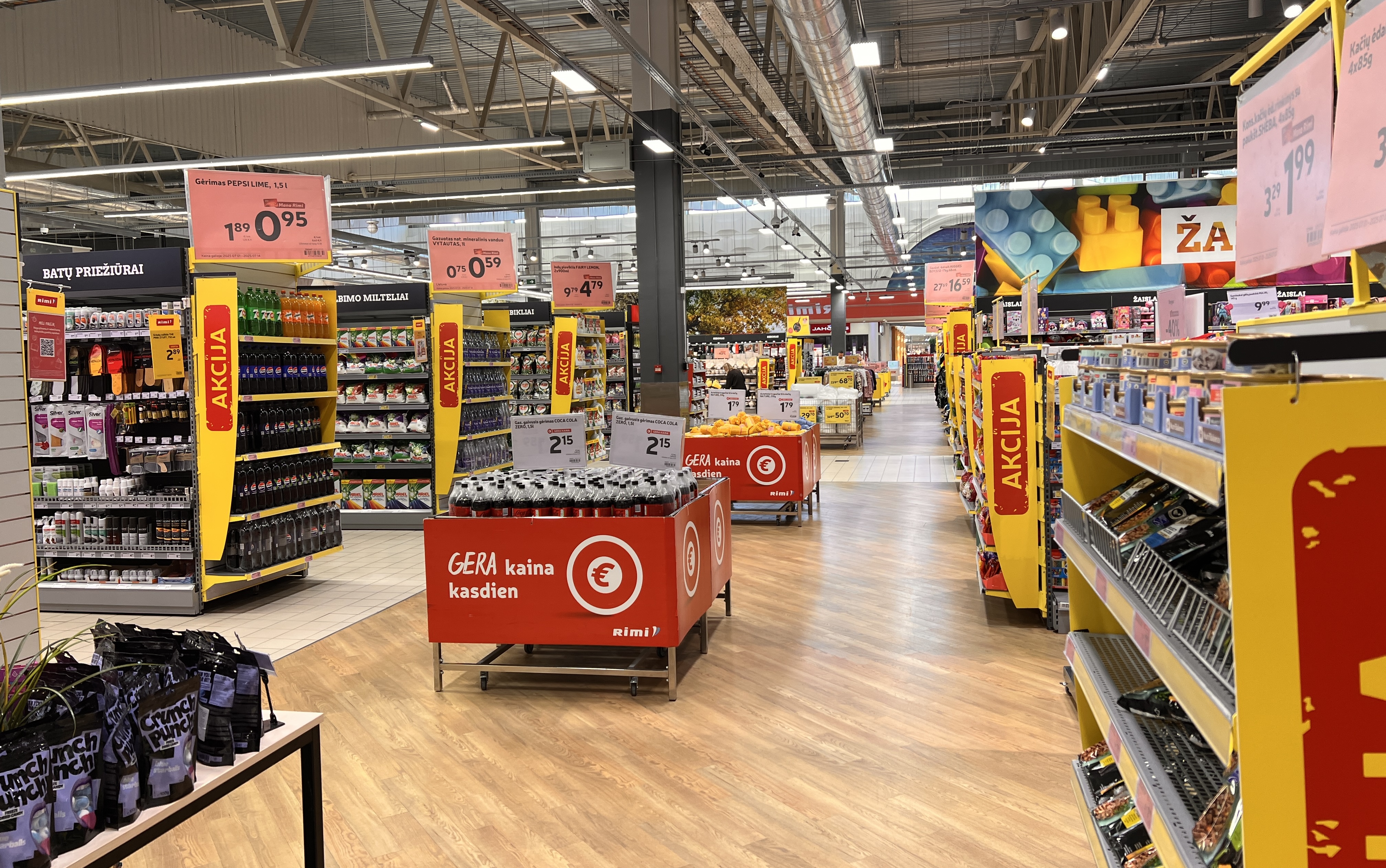 Supermarket shelves filled with packaged goods