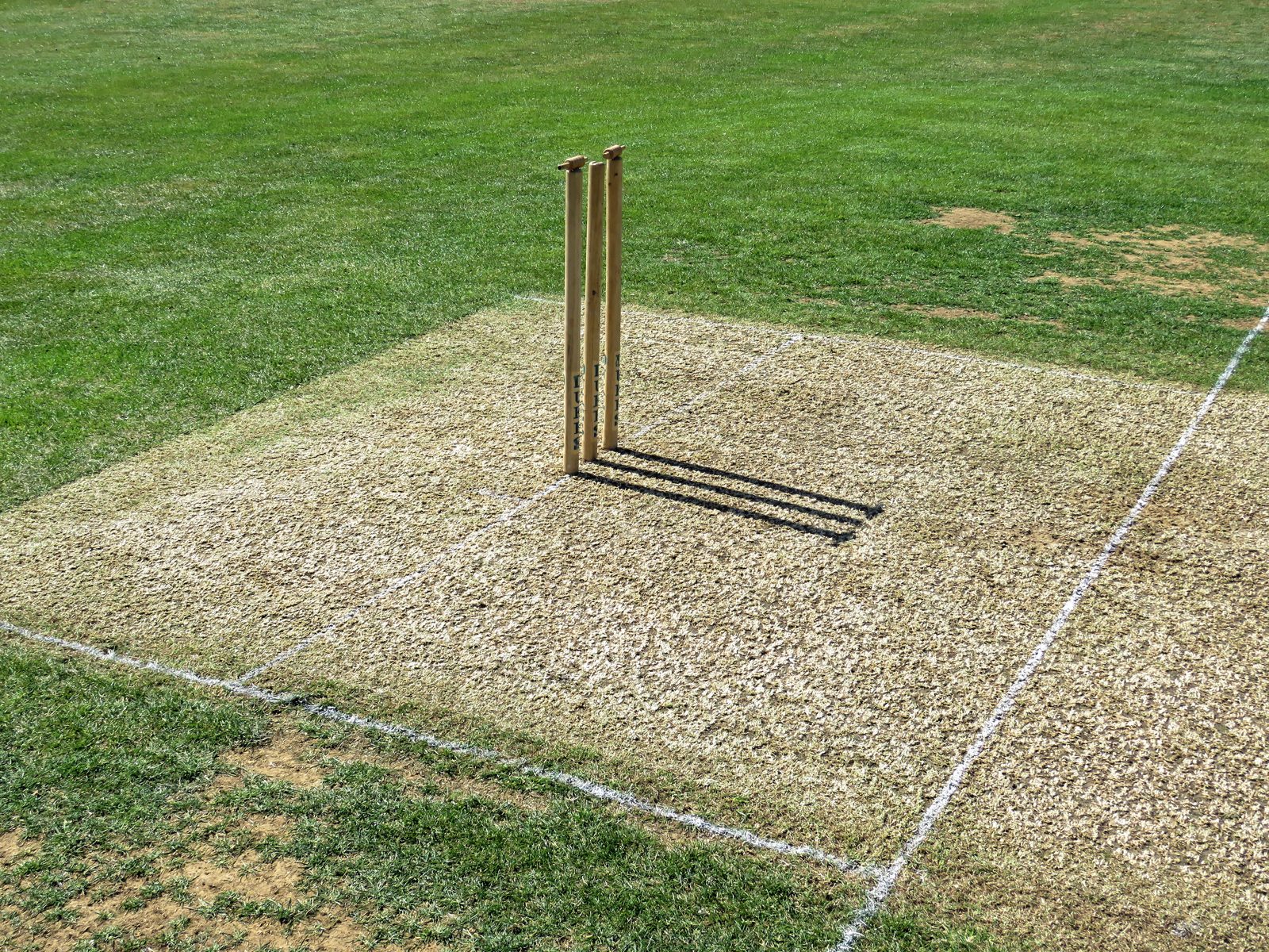 Stumps and bails wait at the crease before play