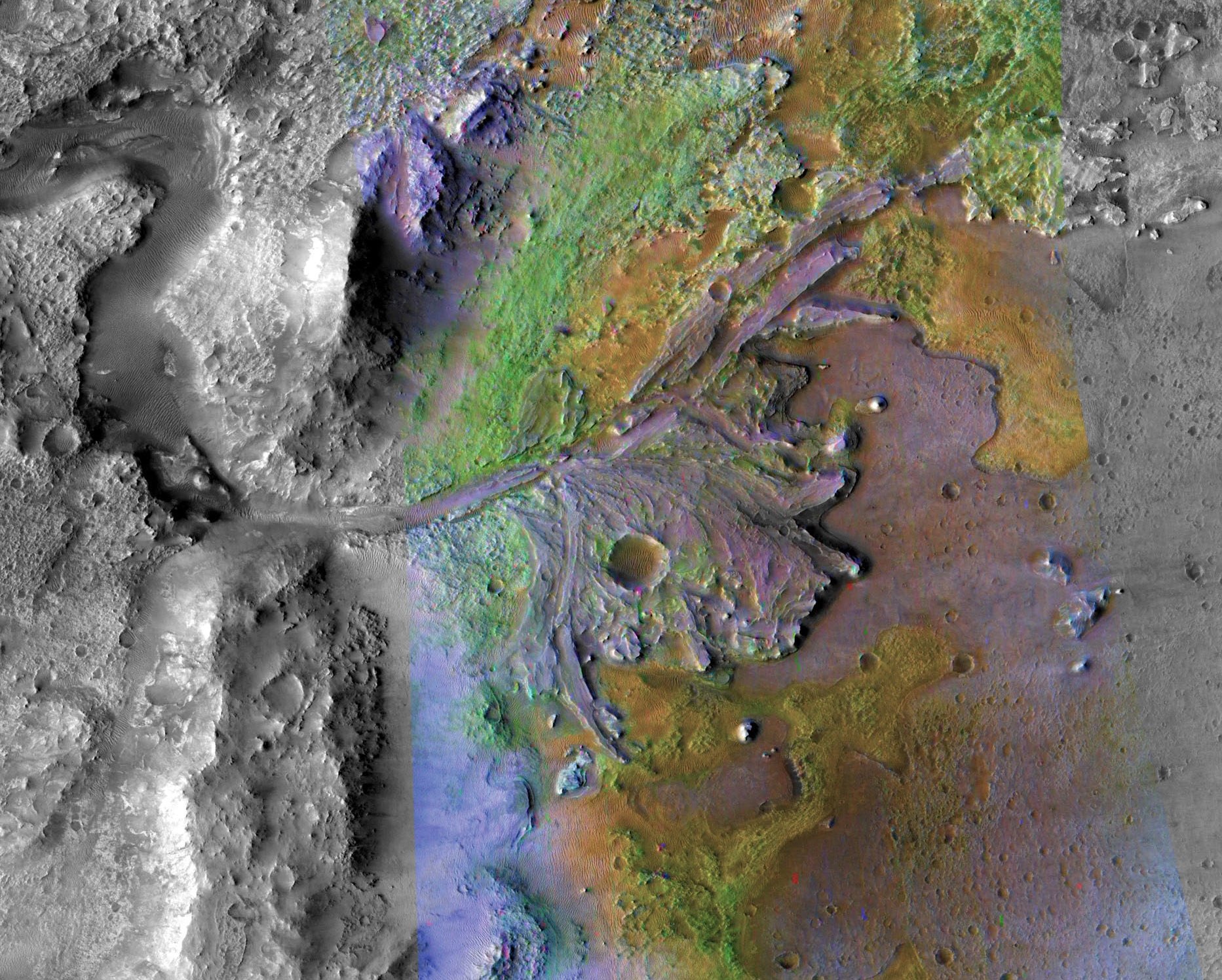 The Jezero Crater delta on Mars, seen from orbit